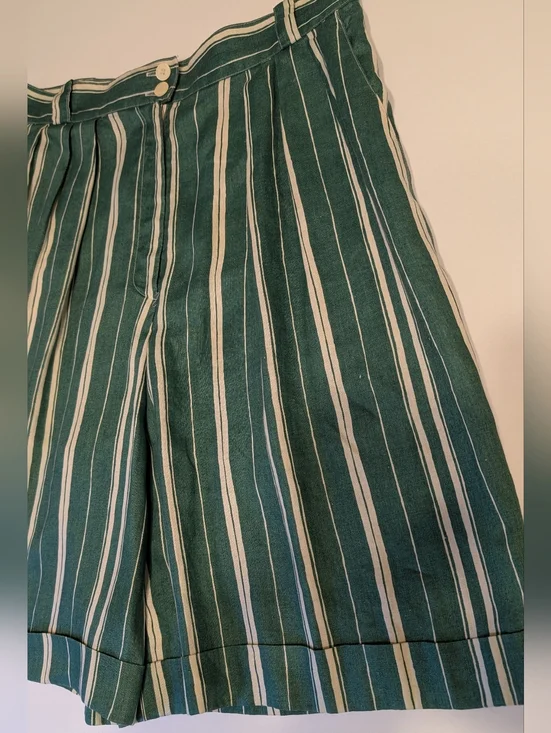 Vintage 80’s High Waist Walking Shorts Jorts 100% Linen Striped Green Ivory 12 - Picture 5 of 12